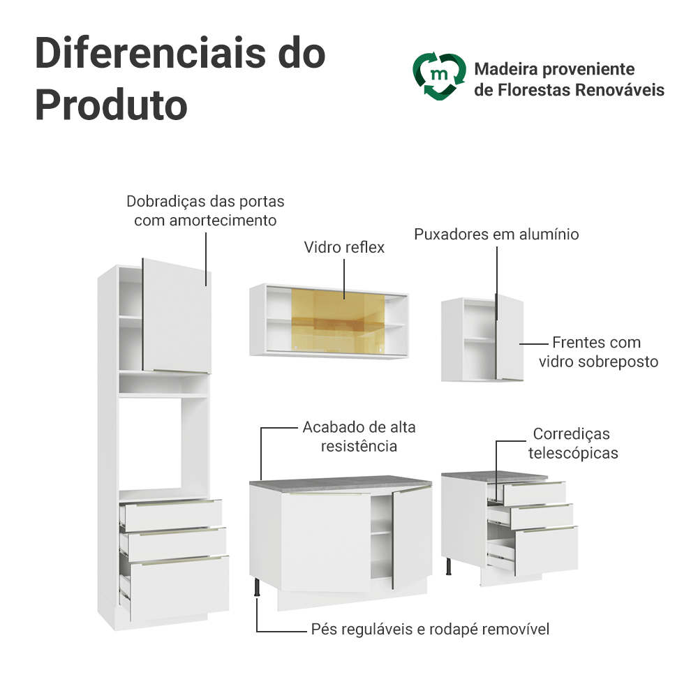 Armário de Cozinha Completa 240cm Branco Veludo Lux Madesa 08