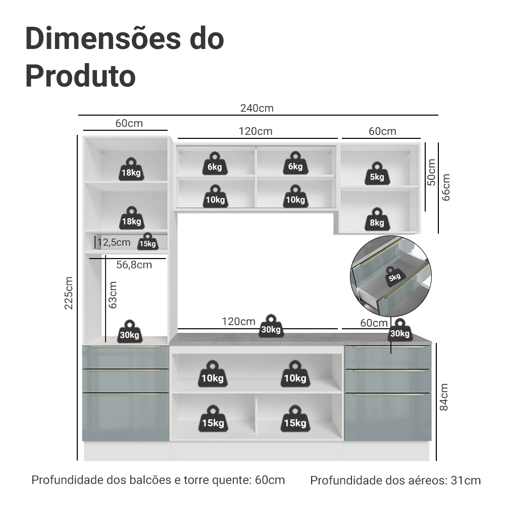 Armário de Cozinha Completa 240cm Branco/Cinza Lux Madesa 08