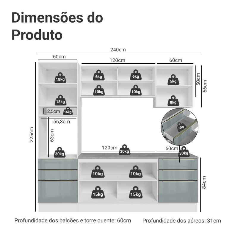 Armário de Cozinha Completa 240cm Branco/Cinza Lux Madesa 08