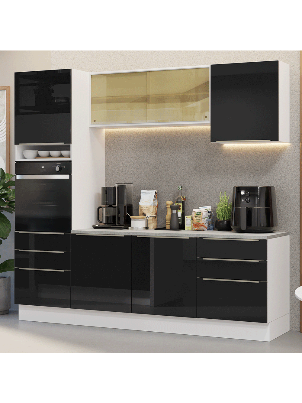 Armário de Cozinha Completa 240cm Branco/Preto Lux Madesa 08 - Branco/Preto