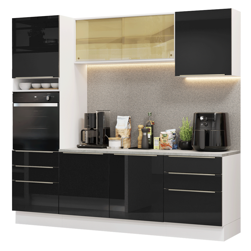 Armário de Cozinha Completa 240cm Branco/Preto Lux Madesa 08 - Branco/Preto