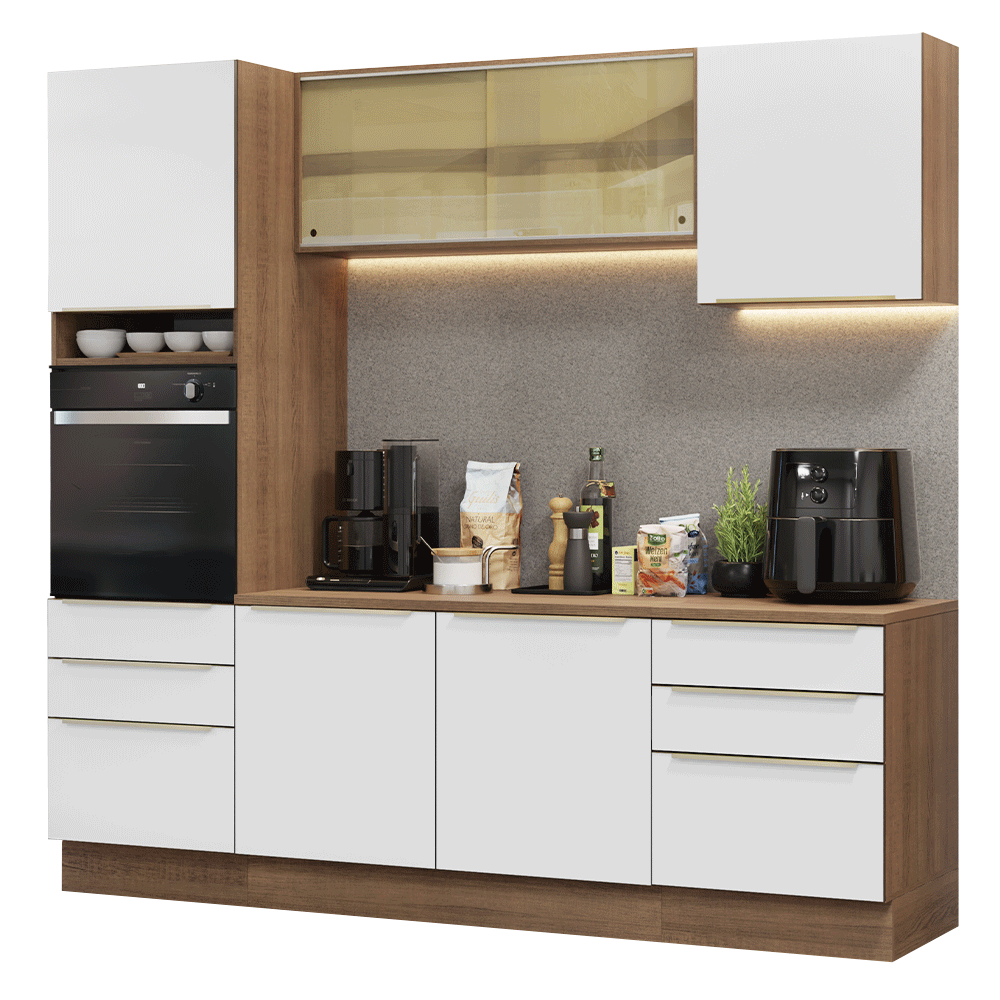 Armário de Cozinha Completa 240cm Rustic/Branco Lux Madesa 08 - Rustic/Branco Veludo