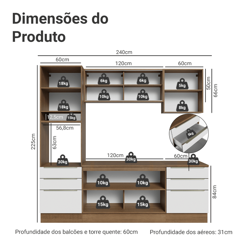 Armário de Cozinha Completa 240cm Rustic/Branco Lux Madesa 08