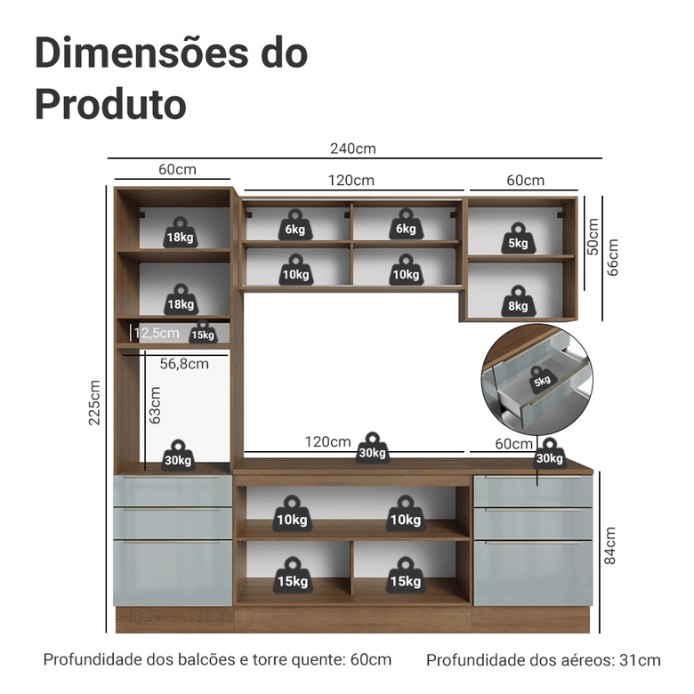 Armário de Cozinha Completa 240cm Rustic/Cinza Lux Madesa 08