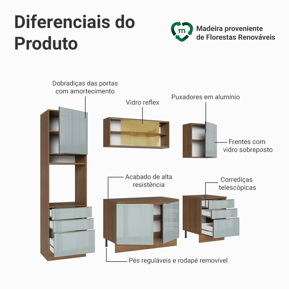 Armário de Cozinha Completa 240cm Rustic/Cinza Lux Madesa 08