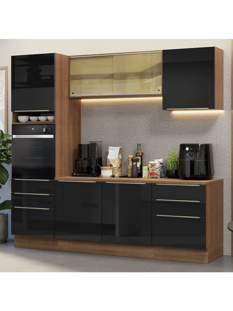 Armário de Cozinha Completa 240cm Rustic/Preto Lux Madesa 08