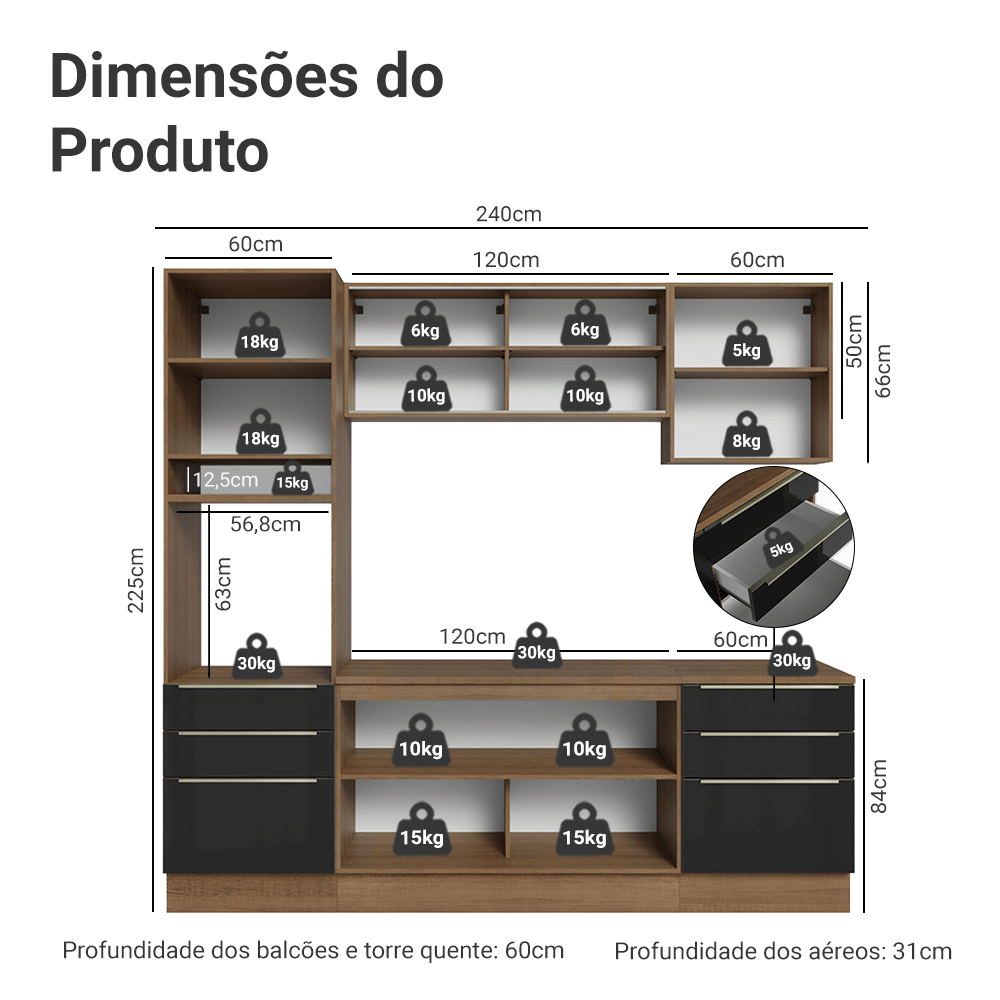 Armário de Cozinha Completa 240cm Rustic/Preto Lux Madesa 08