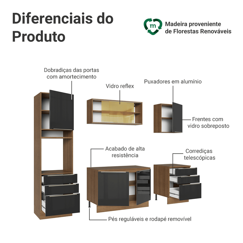 Armário de Cozinha Completa 240cm Rustic/Preto Lux Madesa 08