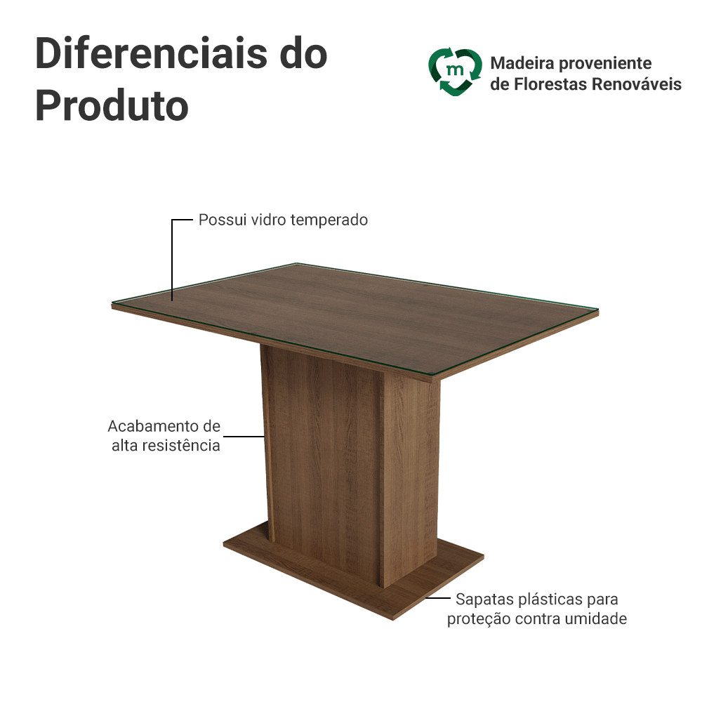 Mesa de Jantar Retangular com Tampo de Vidro Rustic 5329 Madesa