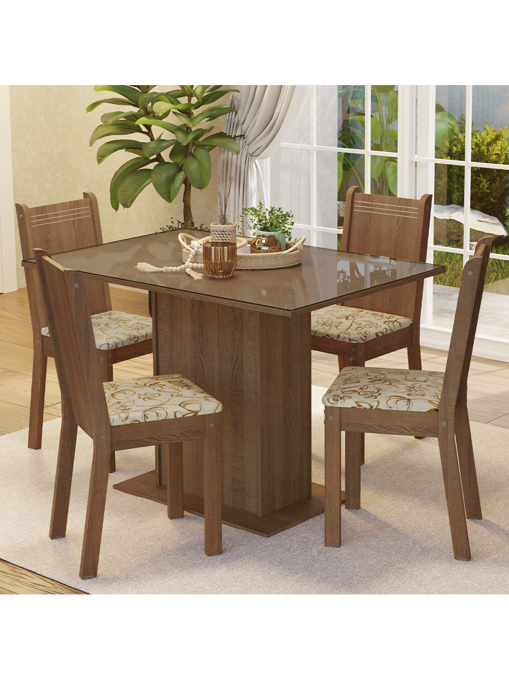 Conjunto Sala de Jantar Mesa Tampo de Vidro 4 Cadeiras Rustic/Lírio Bege Camélia Madesa - Rustic/Floral Lírio Bege