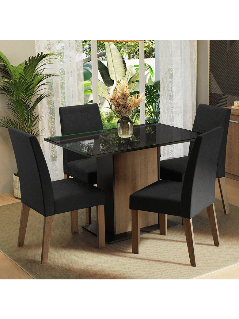 Conjunto Sala de Jantar Mesa Tampo de Vidro 4 Cadeiras Rustic/Preto/Oxford Zion Madesa