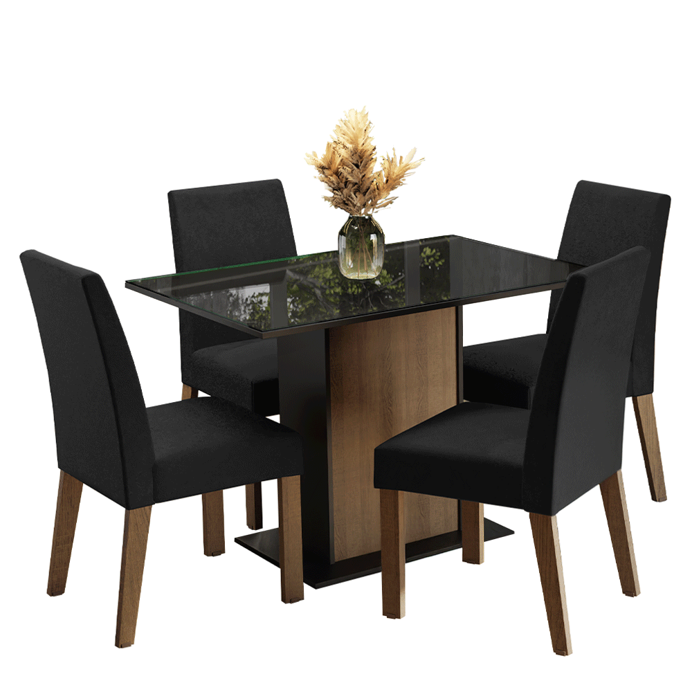 Conjunto Sala de Jantar Mesa Tampo de Vidro 4 Cadeiras Rustic/Preto/Oxford Zion Madesa - Rustic/Preto/Oxford