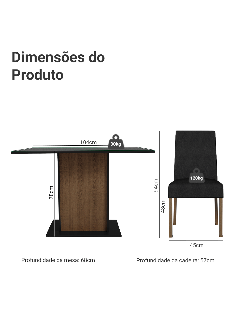 Conjunto Sala de Jantar Mesa Tampo de Vidro 4 Cadeiras Rustic/Preto/Oxford Zion Madesa