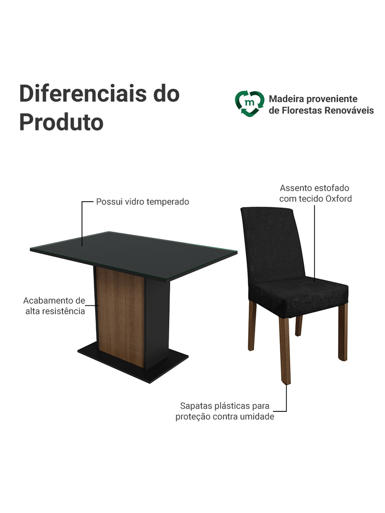 Conjunto Sala de Jantar Mesa Tampo de Vidro 4 Cadeiras Rustic/Preto/Oxford Zion Madesa