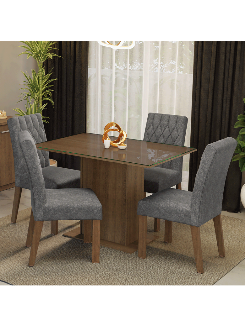 Conjunto Sala de Jantar Mesa Tampo de Vidro 4 Cadeiras Rustic/Silver Reale Madesa