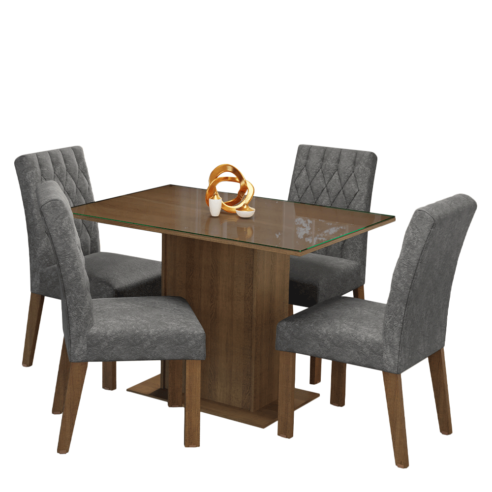 Conjunto Sala de Jantar Mesa Tampo de Vidro 4 Cadeiras Rustic/Silver Reale Madesa - Rustic/Silver