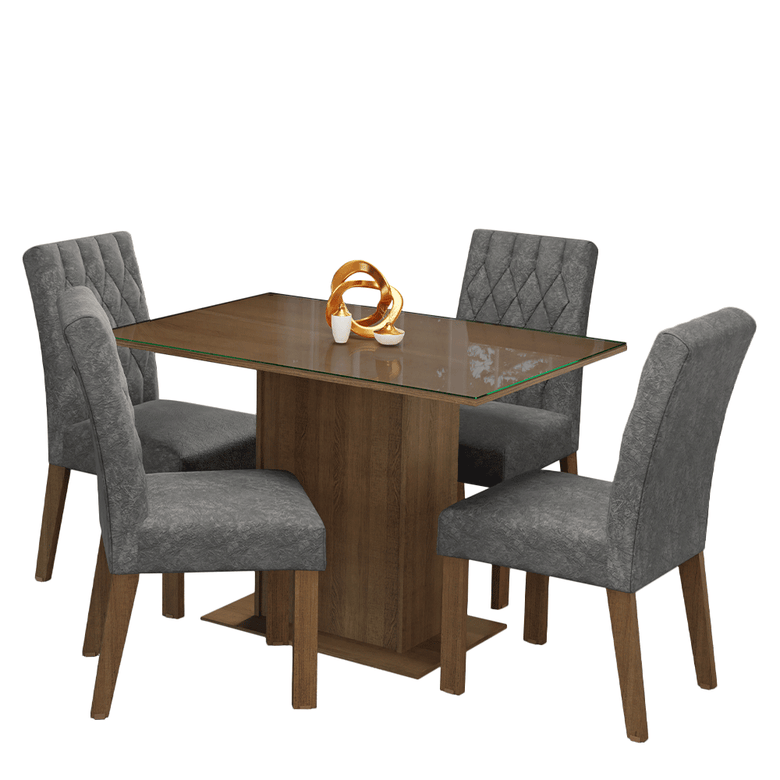 Conjunto Sala de Jantar Mesa Tampo de Vidro 4 Cadeiras Rustic/Silver Reale Madesa