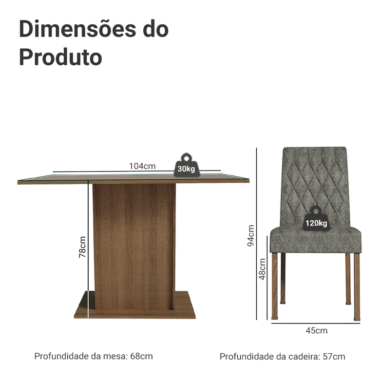 Conjunto Sala de Jantar Mesa Tampo de Vidro 4 Cadeiras Rustic/Silver Reale Madesa