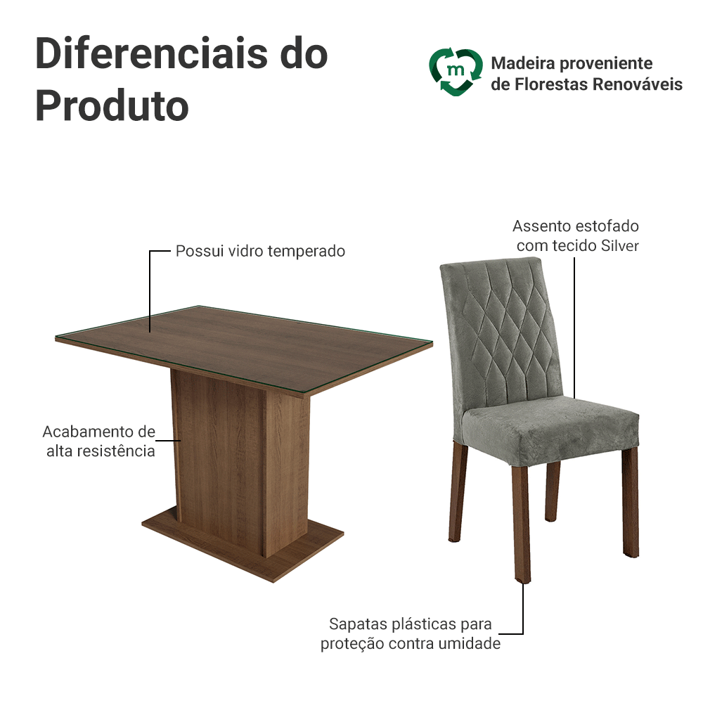 Conjunto Sala de Jantar Mesa Tampo de Vidro 4 Cadeiras Rustic/Silver Reale Madesa