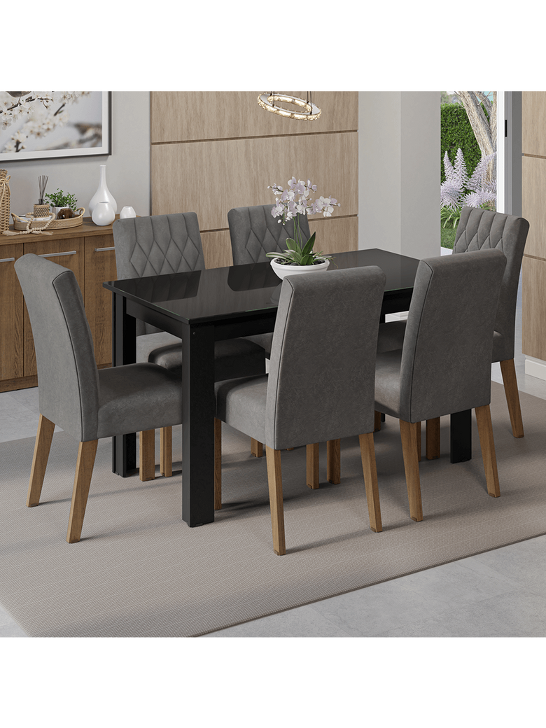 Conjunto Sala de Jantar Mesa Tampo de Vidro 6 Cadeiras Rustic/Preto/Silver Odara Madesa