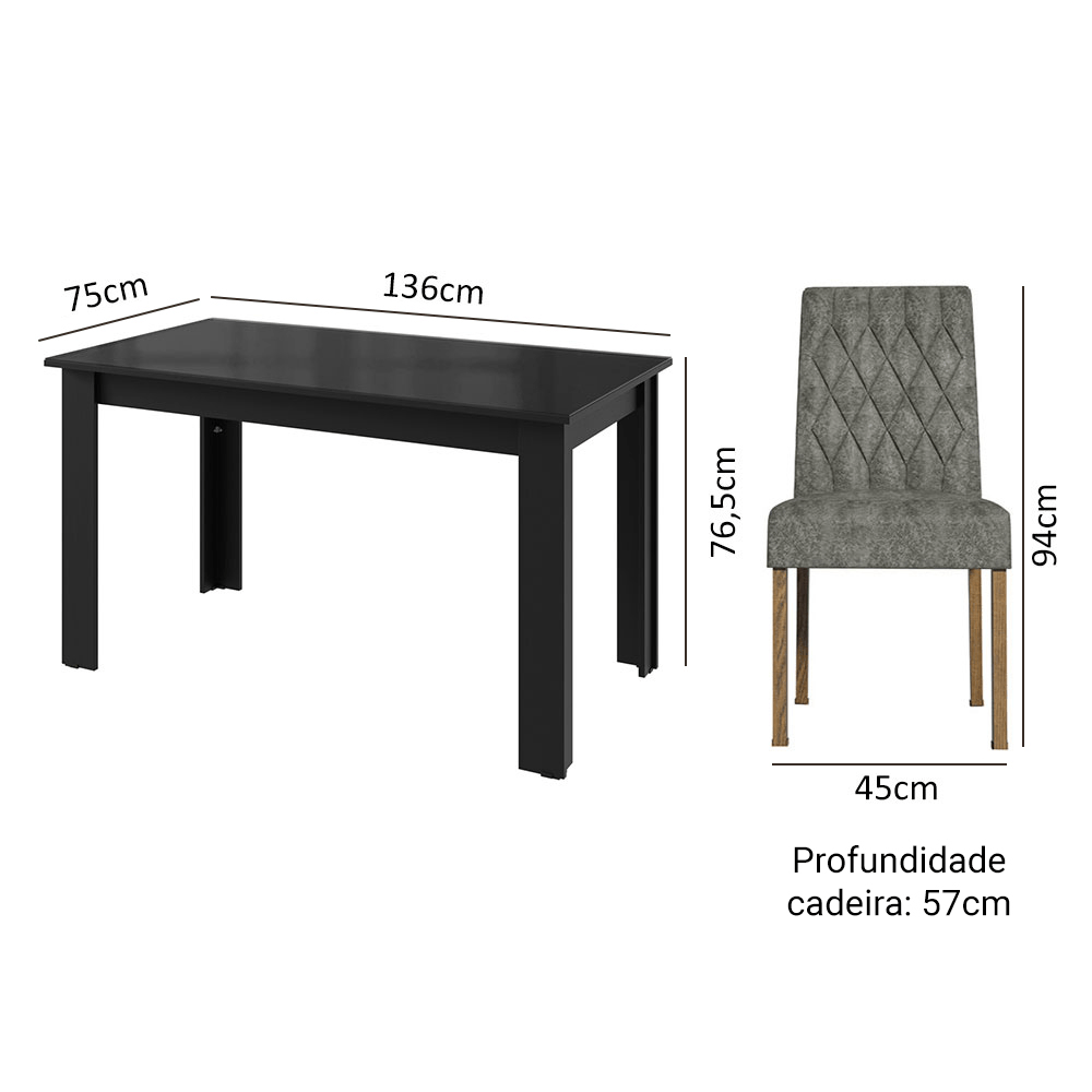 Conjunto Sala de Jantar Mesa Tampo de Vidro 6 Cadeiras Rustic/Preto/Silver Odara Madesa