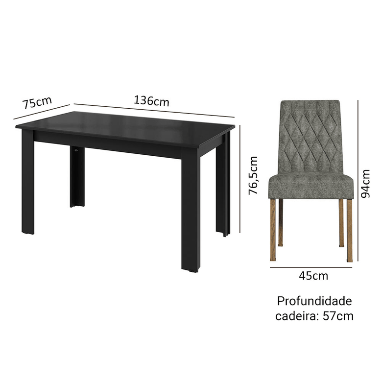 Conjunto Sala de Jantar Mesa Tampo de Vidro 6 Cadeiras Rustic/Preto/Silver Odara Madesa