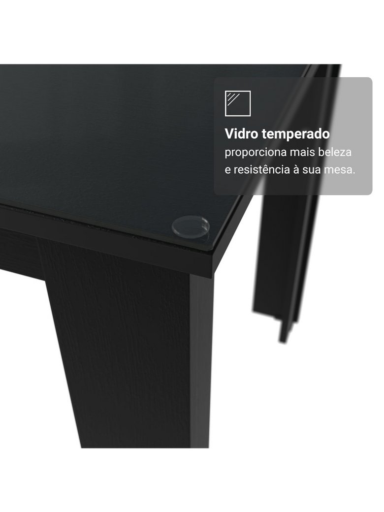 Conjunto Sala de Jantar Mesa Tampo de Vidro 6 Cadeiras Rustic/Preto/Silver Odara Madesa