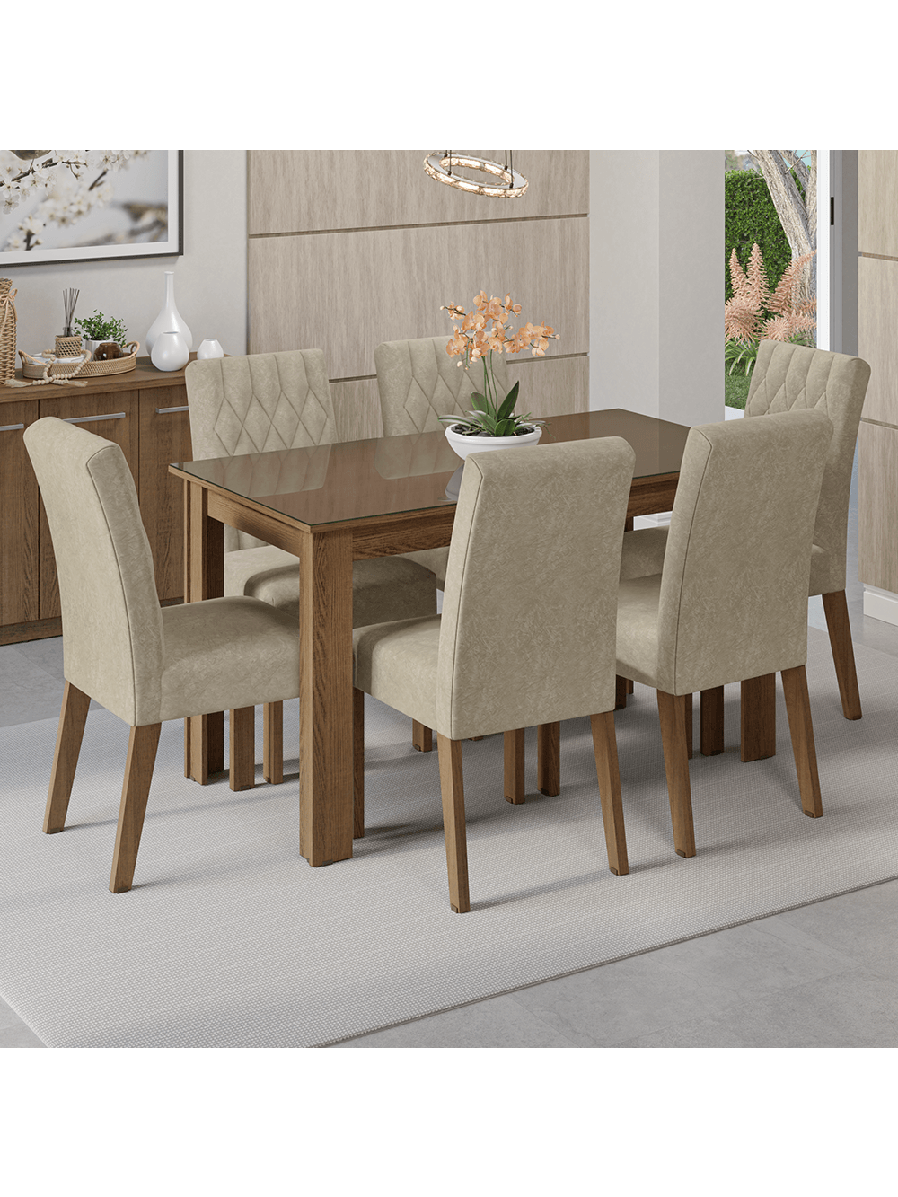 Conjunto Sala de Jantar Mesa Tampo de Vidro 6 Cadeiras Rustic/Imperial Odara Madesa - Rustic/Imperial