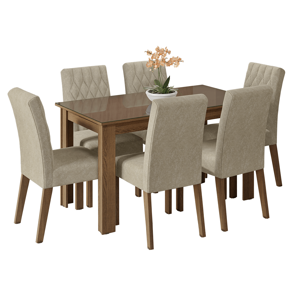 Conjunto Sala de Jantar Mesa Tampo de Vidro 6 Cadeiras Rustic/Imperial Odara Madesa - Rustic/Imperial