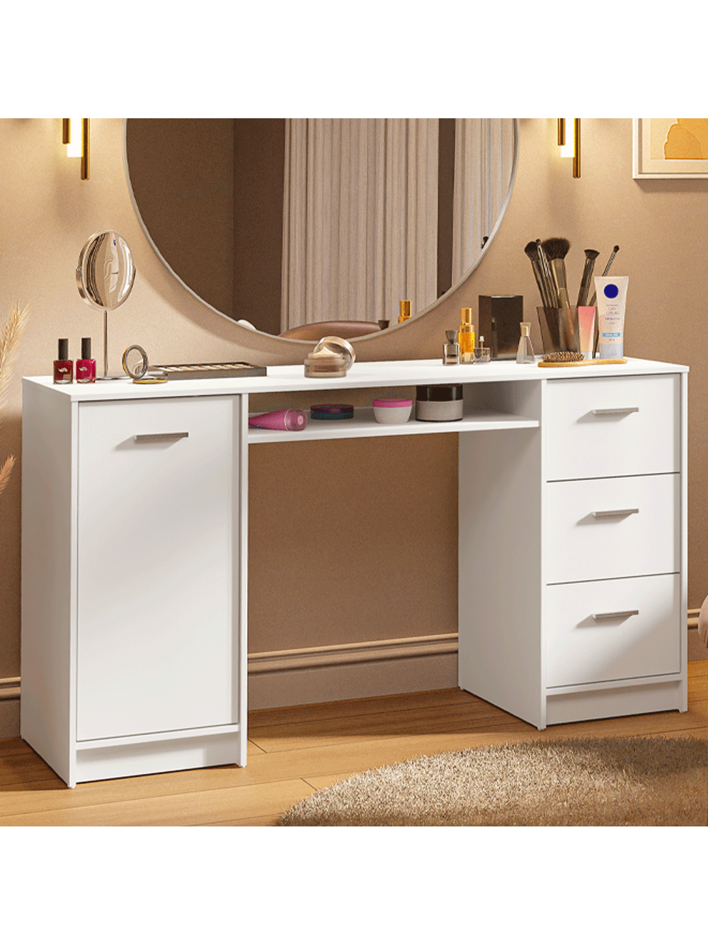 Escrivaninha Penteadeira 136cm 1 Porta 3 Gavetas Branco Madesa - Branco