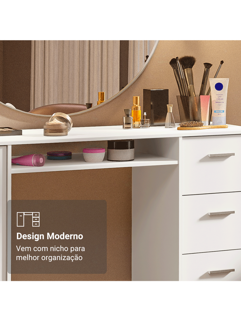 Escrivaninha Penteadeira 136cm 1 Porta 3 Gavetas Branco Madesa