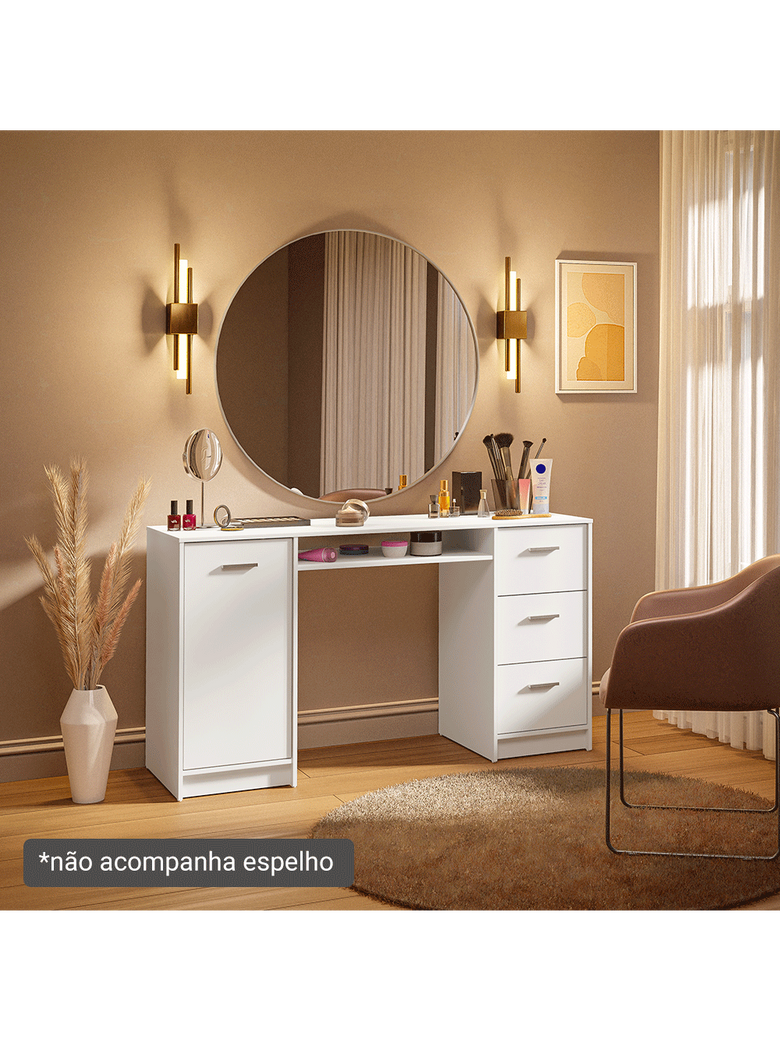 Escrivaninha Penteadeira 136cm 1 Porta 3 Gavetas Branco Madesa
