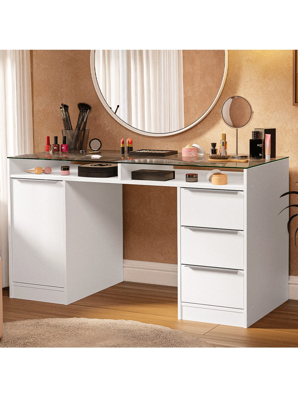 Escrivaninha Penteadeira 136cm 1 Porta 3 Gavetas Tampo de Vidro Branco Madesa - Branco