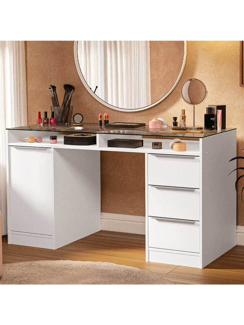 Escrivaninha Penteadeira 136cm 1 Porta 3 Gavetas Tampo de Vidro Branco Madesa