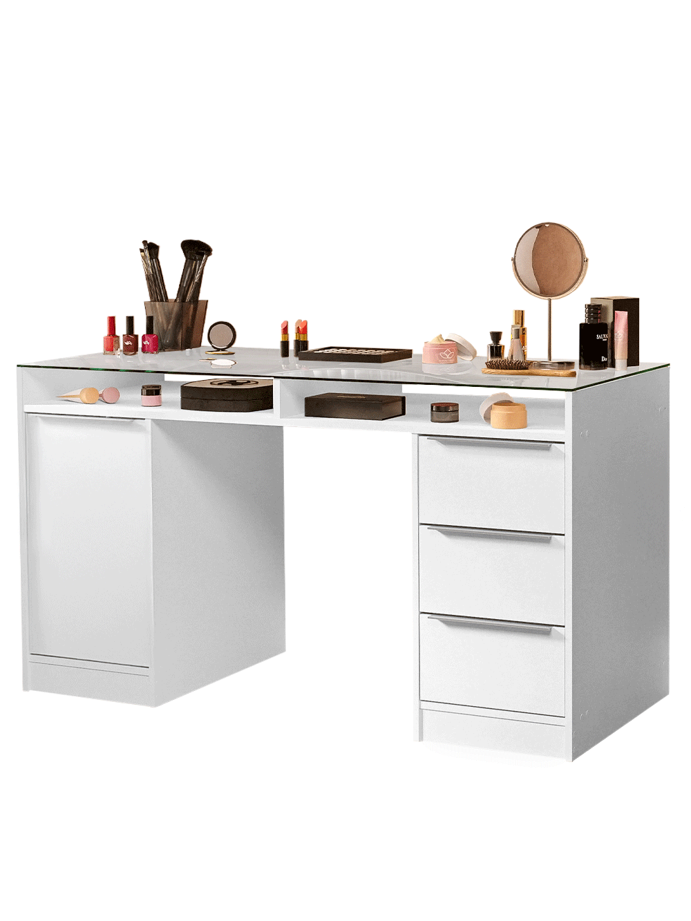 Escrivaninha Penteadeira 136cm 1 Porta 3 Gavetas Tampo de Vidro Branco Madesa - Branco