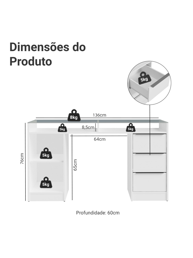 Escrivaninha Penteadeira 136cm 1 Porta 3 Gavetas Tampo de Vidro Branco Madesa