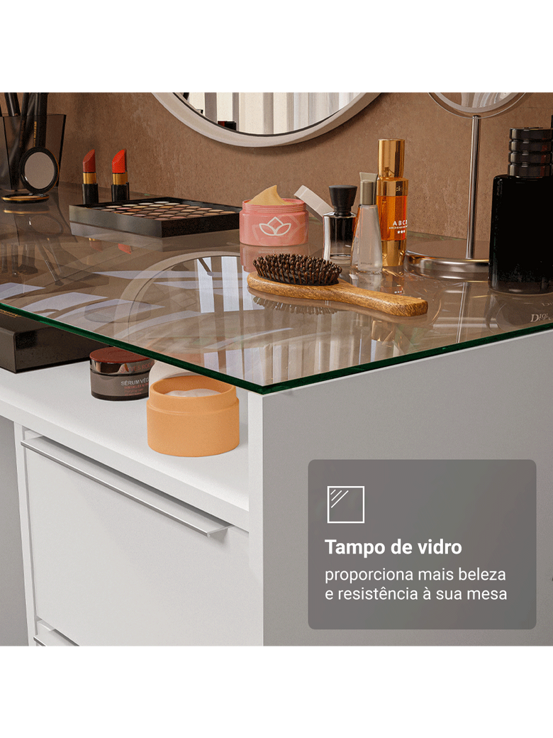 Escrivaninha Penteadeira 136cm 1 Porta 3 Gavetas Tampo de Vidro Branco Madesa