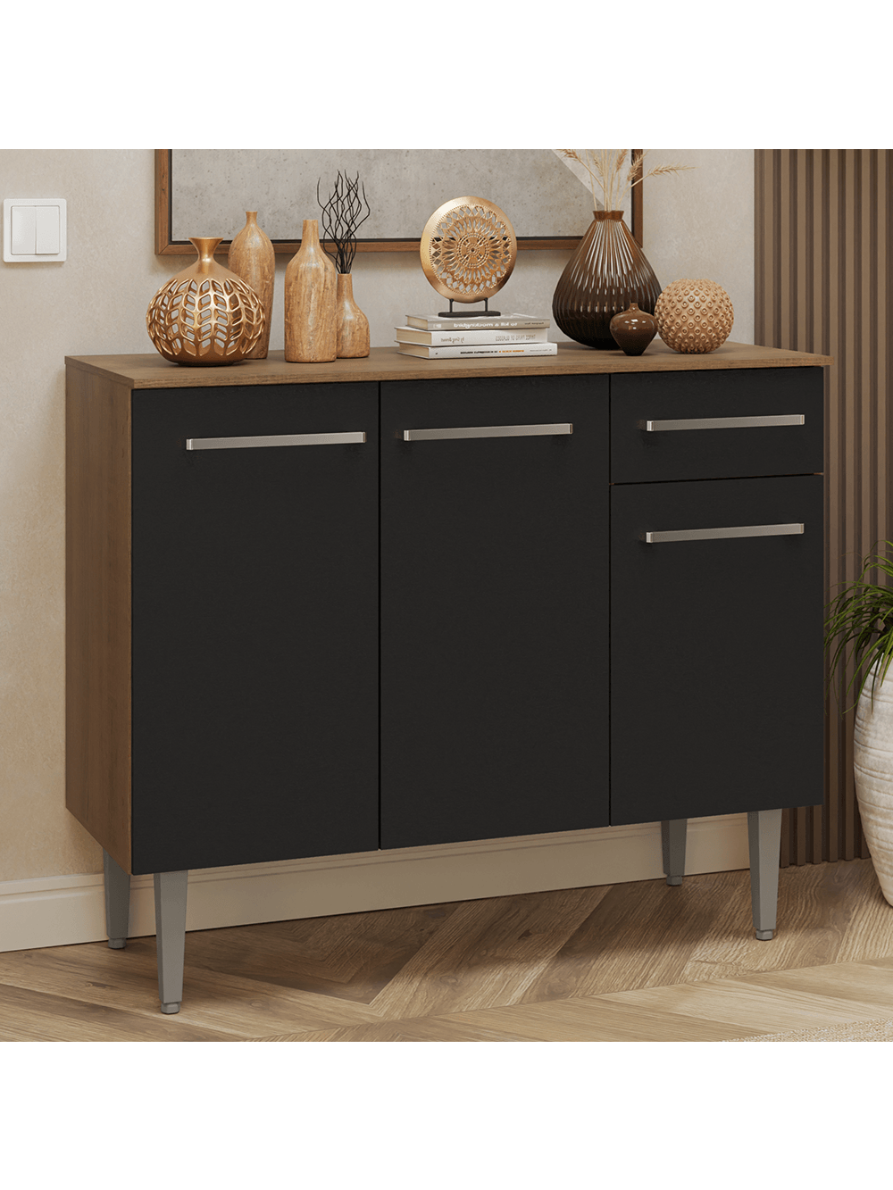 Buffet Aparador 105cm 3 Portas e 1 Gaveta Rustic/Preto Madesa - Rustic/Preto