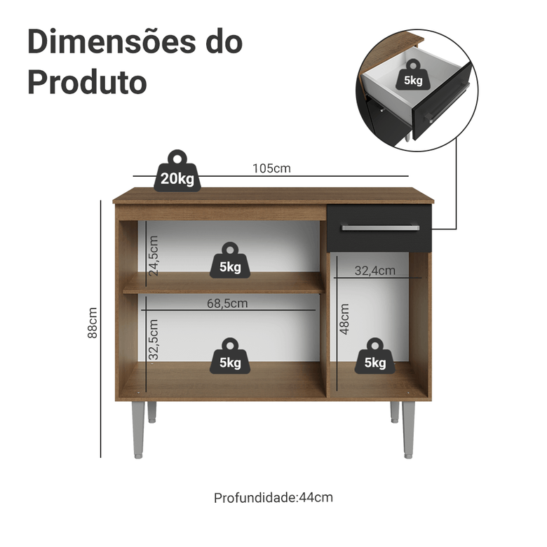 Buffet Aparador 105cm 3 Portas e 1 Gaveta Rustic/Preto Madesa