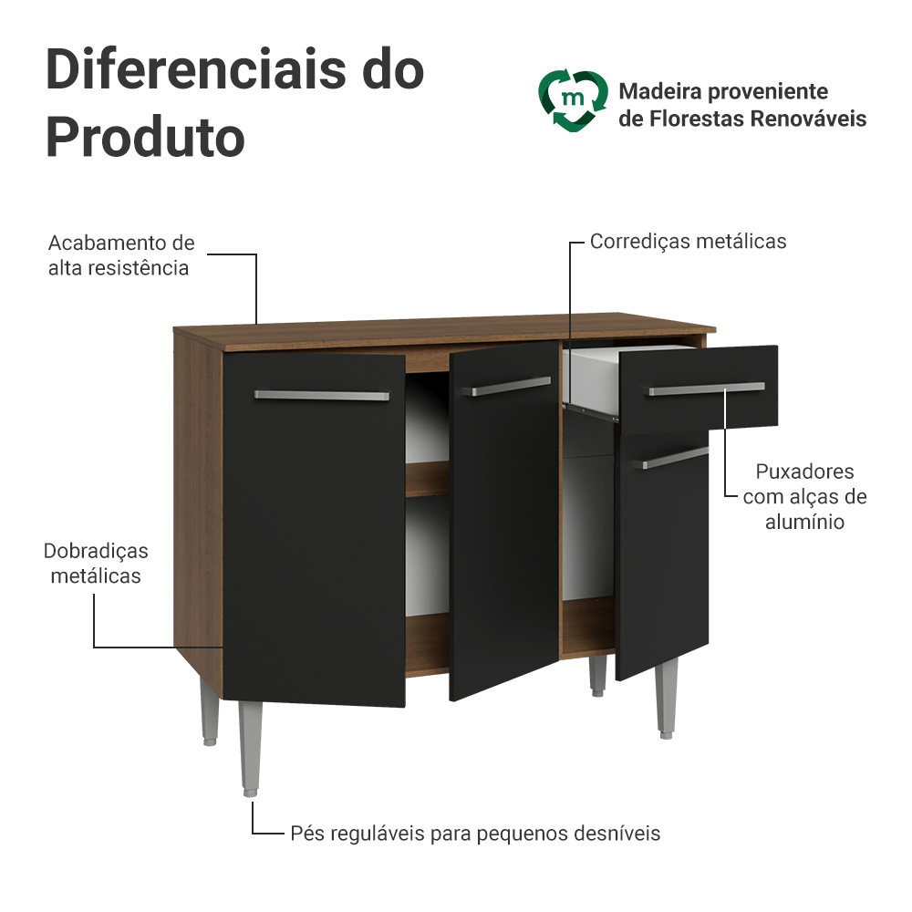 Buffet Aparador 105cm 3 Portas e 1 Gaveta Rustic/Preto Madesa