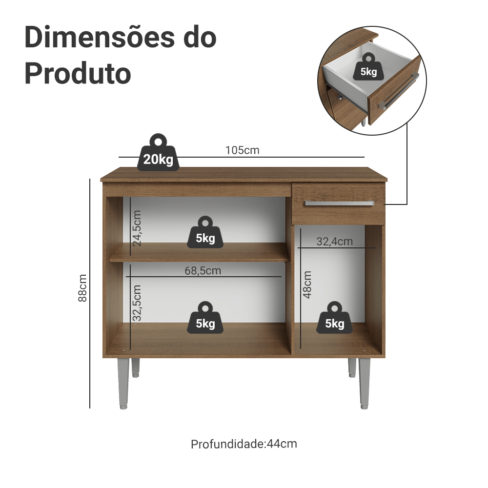 Buffet Aparador 105cm 3 Portas e 1 Gaveta Rustic Madesa