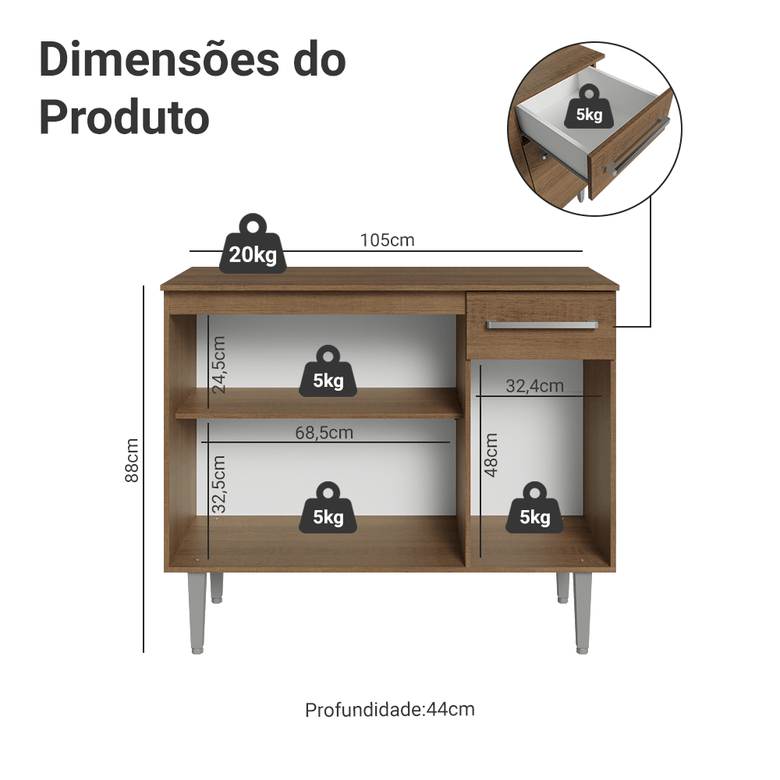 Buffet Aparador 105cm 3 Portas e 1 Gaveta Rustic Madesa