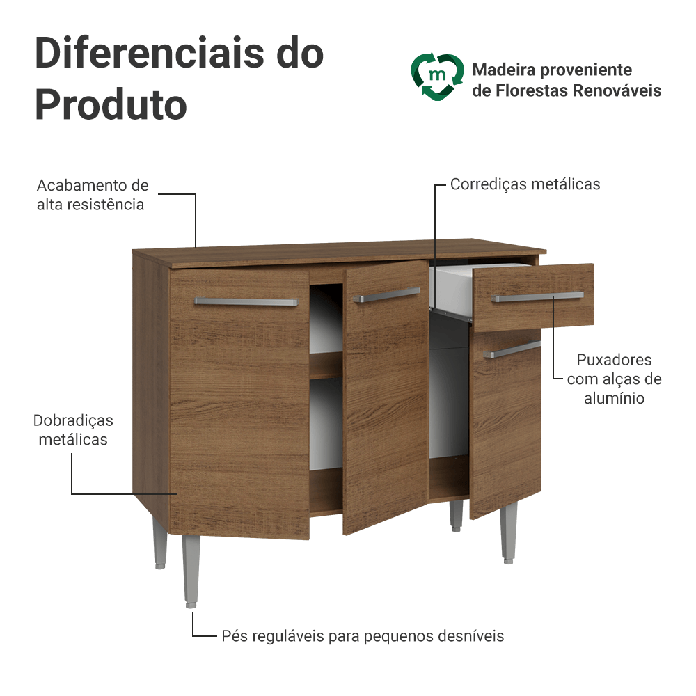 Buffet Aparador 105cm 3 Portas e 1 Gaveta Rustic Madesa