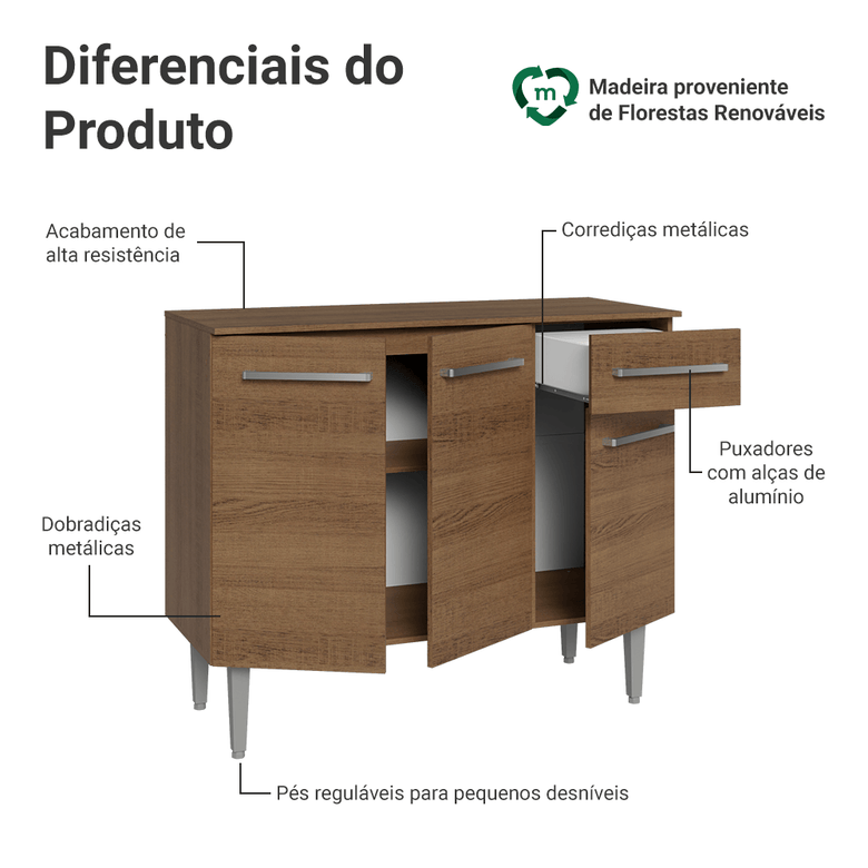 Buffet Aparador 105cm 3 Portas e 1 Gaveta Rustic Madesa