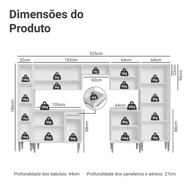 Armário de Cozinha Completa 325cm Branco Emilly Madesa 02