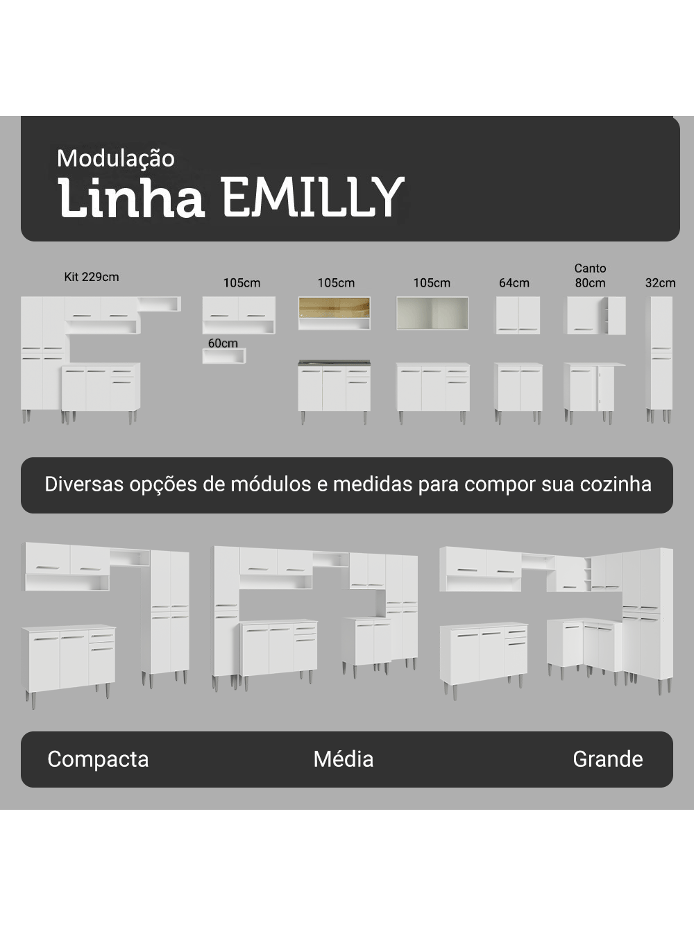 Armário de Cozinha Completa 325cm Branco Emilly Madesa 02