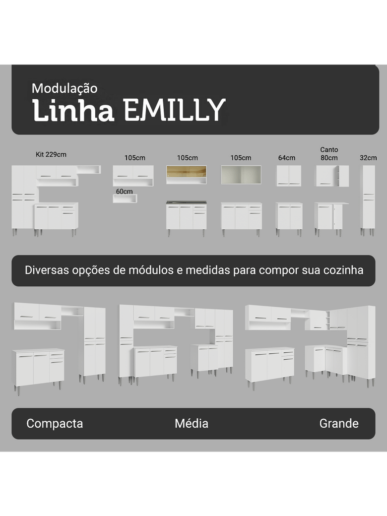 Armário de Cozinha Completa 325cm Branco Emilly Madesa 02