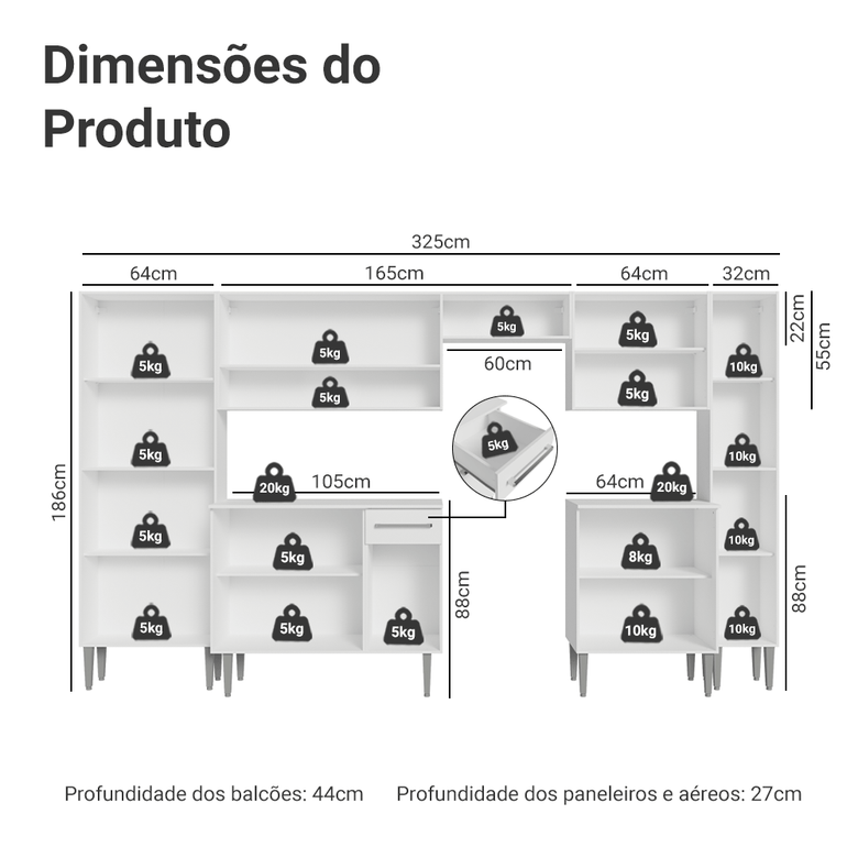 Armário de Cozinha Completa 325cm Branco Emilly Madesa 01