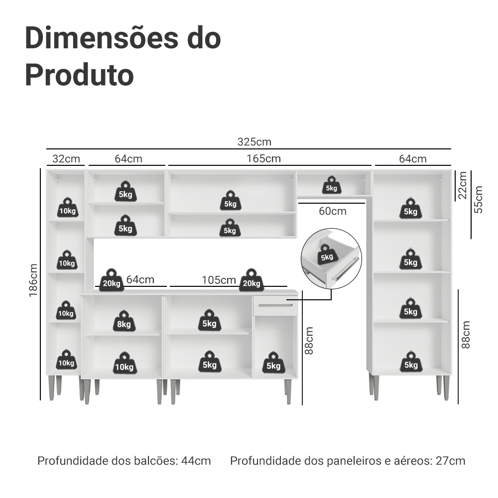Armário de Cozinha Completa 325cm Branco Emilly Madesa 06