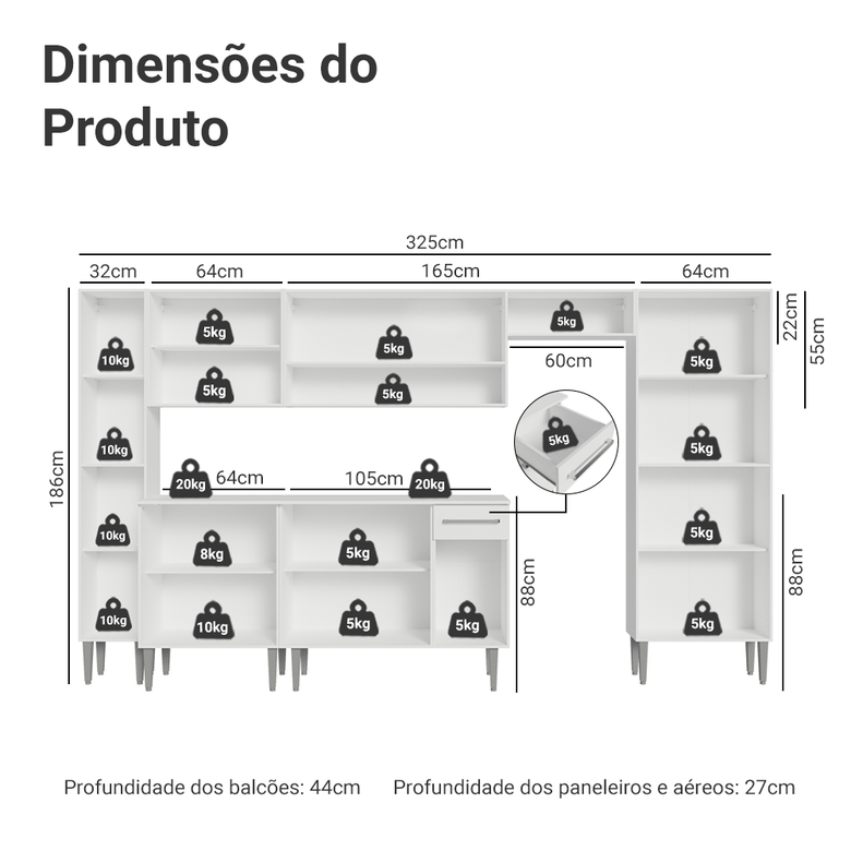 Armário de Cozinha Completa 325cm Branco Emilly Madesa 06